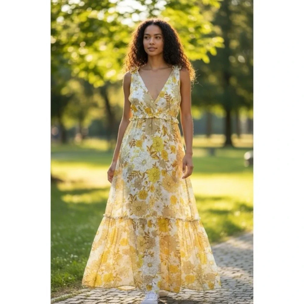 Charlotte Russe Maxi Women's Sundress Size M Yellow Floral Tiered Babydoll Lined - Picture 1 of 12